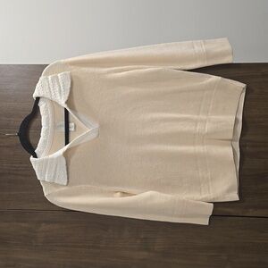 Joie-V-neck Crochet Knit Collared 100% Cotton 3/4 Sleeve Sweater in Creme-Size L
